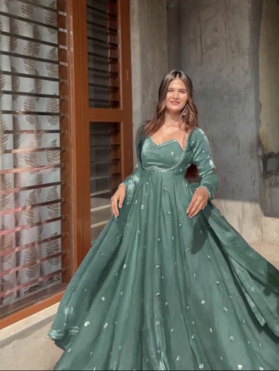 Pastel Sage Green Silk Sequin Detailing Anarkali Suit - BONYHUBSALWAR KAMEEZ