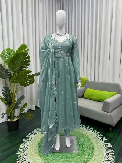 Pastel Sage Green Silk Sequin Detailing Anarkali Suit - BONYHUBSALWAR KAMEEZ