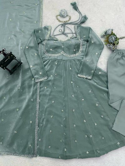 Pastel Sage Green Silk Sequin Detailing Anarkali Suit - BONYHUBSALWAR KAMEEZ