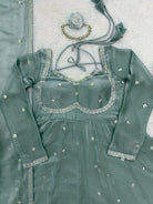 Pastel Sage Green Silk Sequin Detailing Anarkali Suit - BONYHUBSALWAR KAMEEZ