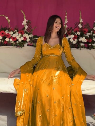 Vibrant Yellow Silk Sequin Detailing Anarkali Suit - BONYHUBSALWAR KAMEEZ