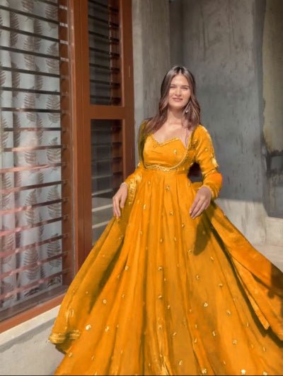 Vibrant Yellow Silk Sequin Detailing Anarkali Suit - BONYHUBSALWAR KAMEEZ