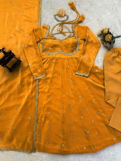 Vibrant Yellow Silk Sequin Detailing Anarkali Suit - BONYHUBSALWAR KAMEEZ