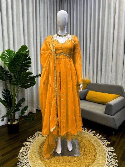 Vibrant Yellow Silk Sequin Detailing Anarkali Suit - BONYHUBSALWAR KAMEEZ