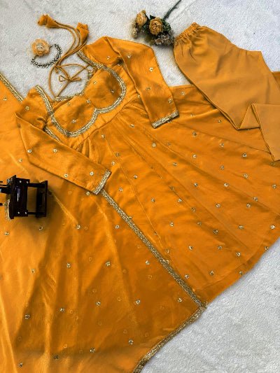 Vibrant Yellow Silk Sequin Detailing Anarkali Suit - BONYHUBSALWAR KAMEEZ