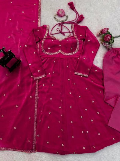 Magenta Pink Silk Sequin Detailing Anarkali Suit - BONYHUBSALWAR KAMEEZ