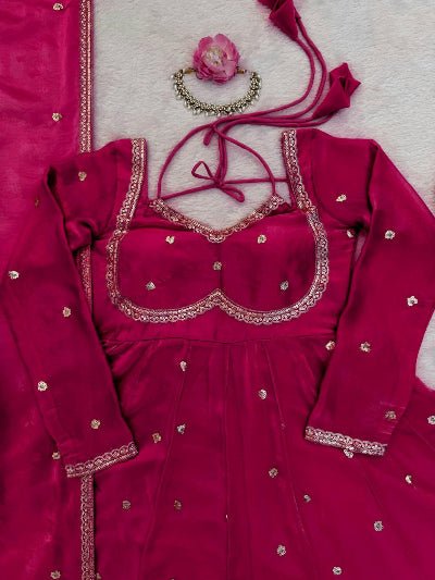 Magenta Pink Silk Sequin Detailing Anarkali Suit - BONYHUBSALWAR KAMEEZ