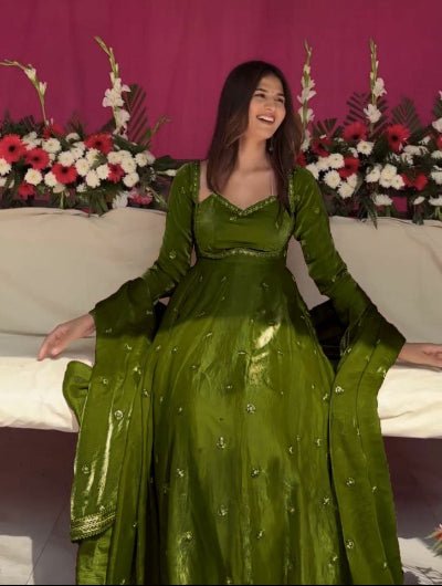 Olive Green Silk Sequin Detailing Anarkali Suit - BONYHUBSALWAR KAMEEZ