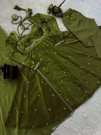 Olive Green Silk Sequin Detailing Anarkali Suit - BONYHUBSALWAR KAMEEZ