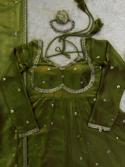 Olive Green Silk Sequin Detailing Anarkali Suit - BONYHUBSALWAR KAMEEZ