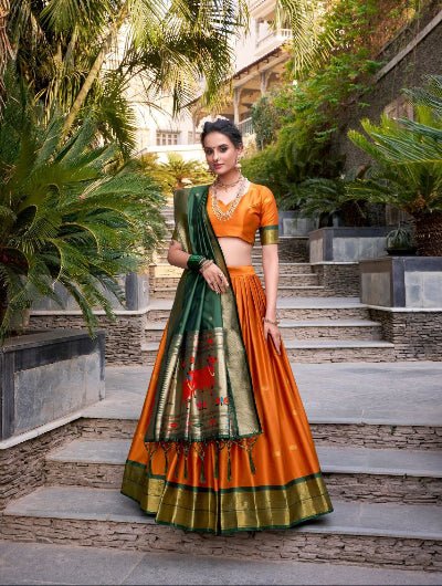 Orange Green Royal Paithani Silk Lehenga Choli - BONYHUBSALWAR KAMEEZ