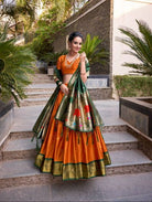 Orange Green Royal Paithani Silk Lehenga Choli - BONYHUBSALWAR KAMEEZ
