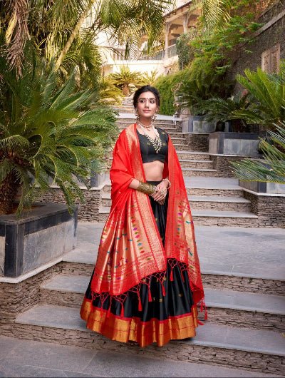 Black Red Gold Zari Paithani Silk Lehenga Choli - BONYHUBSALWAR KAMEEZ