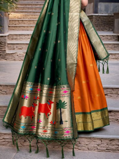 Orange Green Royal Paithani Silk Lehenga Choli - BONYHUBSALWAR KAMEEZ