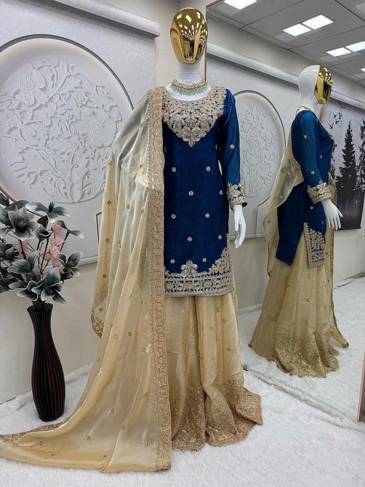 Peacock Blue Gold Sequins Embroidery Work Sharara Set - BONYHUBSALWAR KAMEEZ