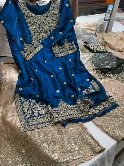 Peacock Blue Gold Sequins Embroidery Work Sharara Set - BONYHUBSALWAR KAMEEZ