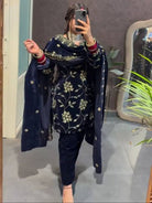 Navy Blue Gold Velvet Embroidery Work Straight Suit Set - BONYHUBSALWAR KAMEEZ