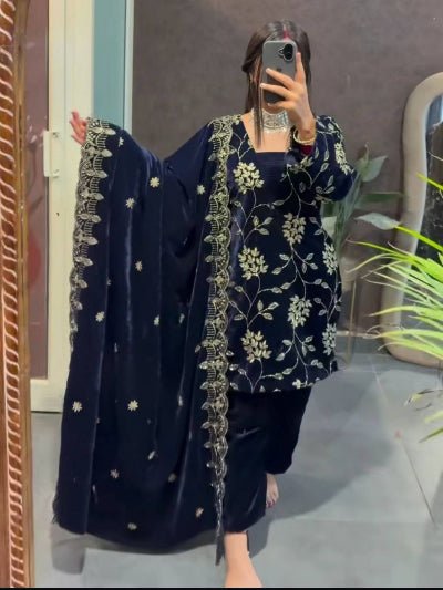 Navy Blue Gold Velvet Embroidery Work Straight Suit Set - BONYHUBSALWAR KAMEEZ