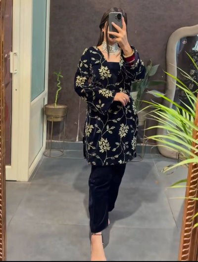 Navy Blue Gold Velvet Embroidery Work Straight Suit Set - BONYHUBSALWAR KAMEEZ