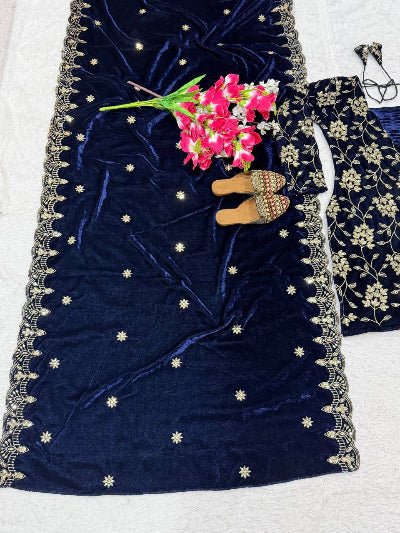 Navy Blue Gold Velvet Embroidery Work Straight Suit Set - BONYHUBSALWAR KAMEEZ