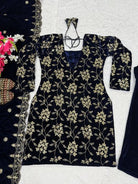 Navy Blue Gold Velvet Embroidery Work Straight Suit Set - BONYHUBSALWAR KAMEEZ