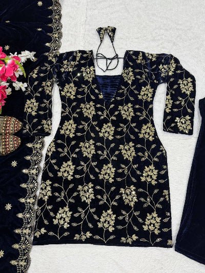 Navy Blue Gold Velvet Embroidery Work Straight Suit Set - BONYHUBSALWAR KAMEEZ