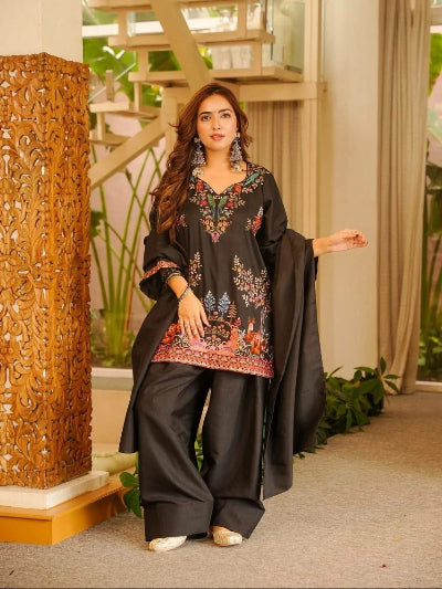 Black Rayon Thread Embroidery Work Farshi Salwar Suit