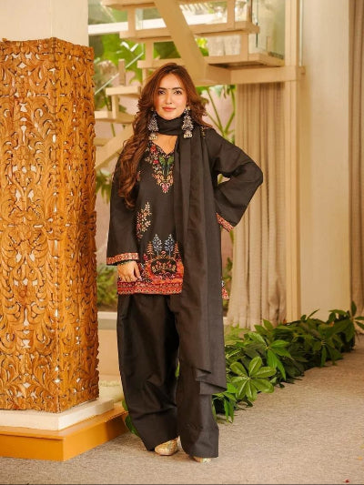 Black Rayon Thread Embroidery Work Farshi Salwar Suit