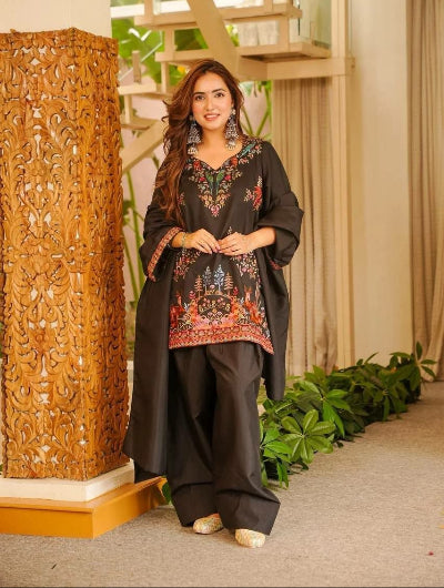Black Rayon Thread Embroidery Work Farshi Salwar Suit