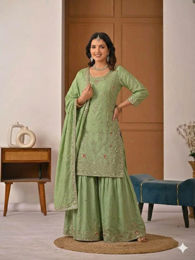Pista Green Sequence Embroidery Work Sharara Suit