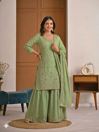 Pista Green Sequence Embroidery Work Sharara Suit
