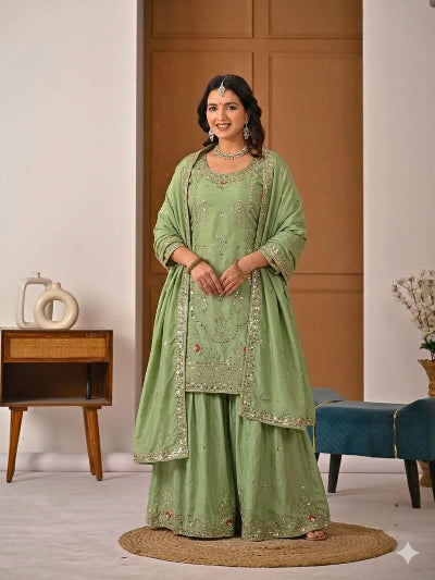 Pista Green Sequence Embroidery Work Sharara Suit