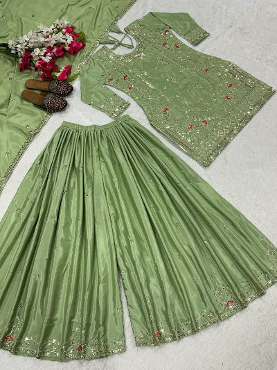 Pista Green Sequence Embroidery Work Sharara Suit