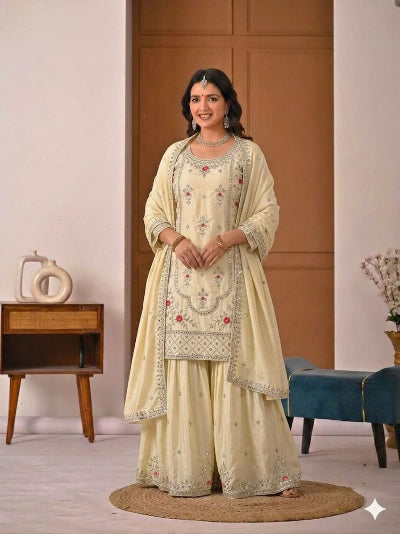 Cream Sequence Embroidery Work Sharara Suit