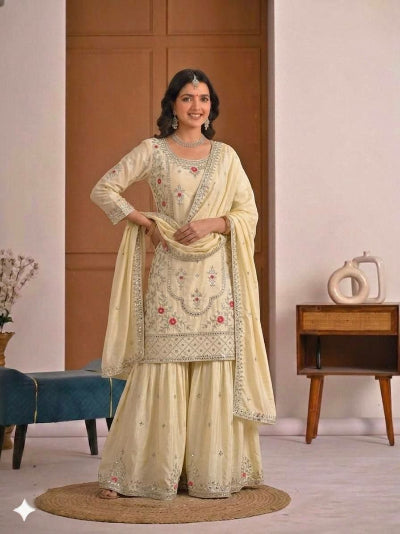 Cream Sequence Embroidery Work Sharara Suit