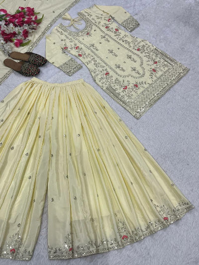 Cream Sequence Embroidery Work Sharara Suit