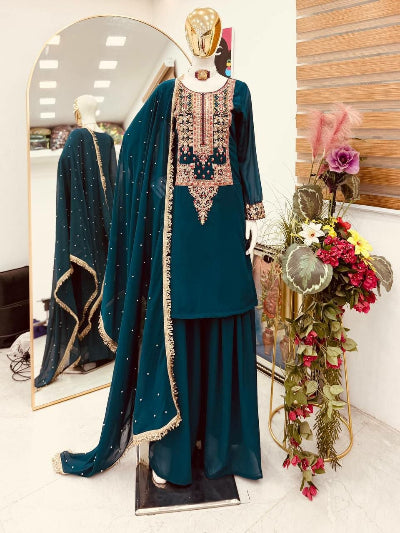 Teal Blue Georgette Embroidery Sharara Palazzo Suit