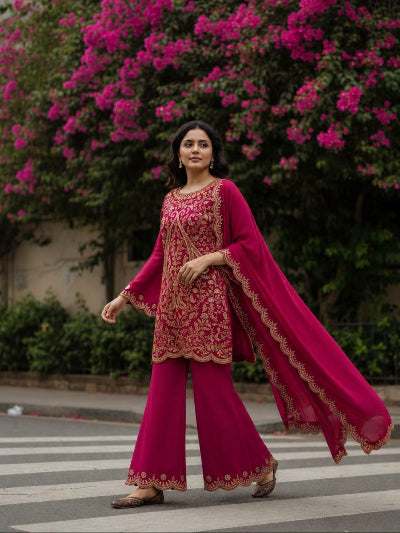 Hot Pink Gold Embroidered Zari Work Bell Palazzo Suit Set