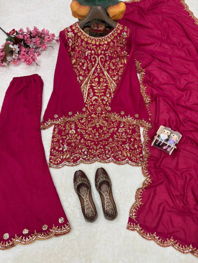 Hot Pink Gold Embroidered Zari Work Bell Palazzo Suit Set