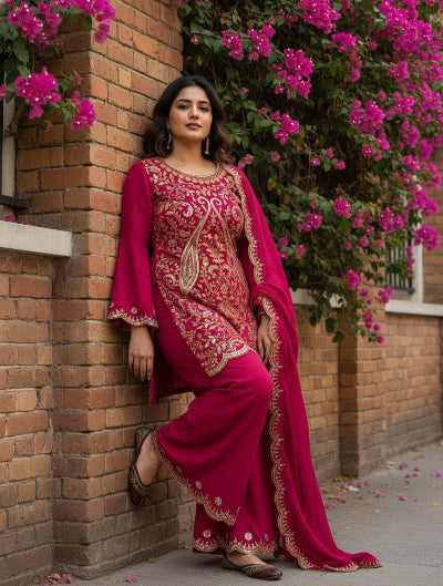 Hot Pink Gold Embroidered Zari Work Bell Palazzo Suit Set