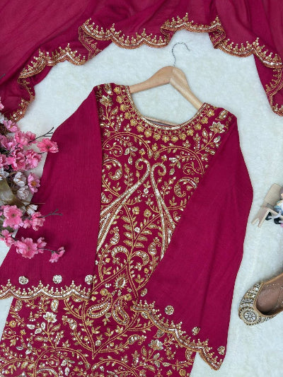 Hot Pink Gold Embroidered Zari Work Bell Palazzo Suit Set