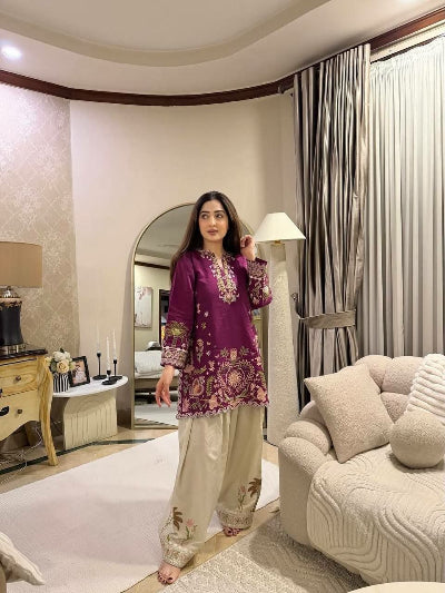 Deep Purple Cream Embroidered Top Farshi Salwar Set Of 2