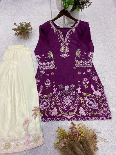 Deep Purple Cream Embroidered Top Farshi Salwar Set Of 2