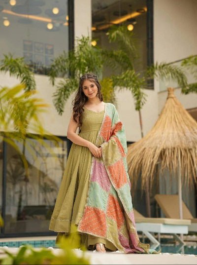 Pista Green Chinon Silk Anarkali Suit With Multicolour Dupatta UK Next Day - BONYHUBSALWAR KAMEEZ