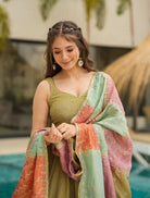 Pista Green Chinon Silk Anarkali Suit With Multicolour Dupatta UK Next Day - BONYHUBSALWAR KAMEEZ