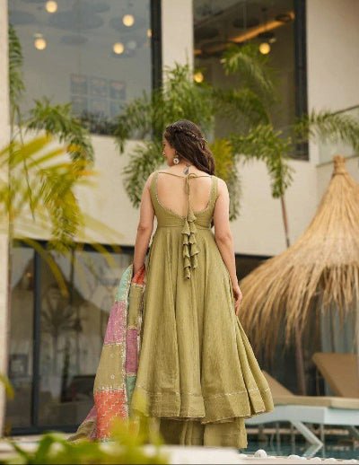 Pista Green Chinon Silk Anarkali Suit With Multicolour Dupatta UK Next Day - BONYHUBSALWAR KAMEEZ