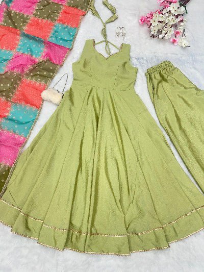 Pista Green Chinon Silk Anarkali Suit With Multicolour Dupatta UK Next Day - BONYHUBSALWAR KAMEEZ