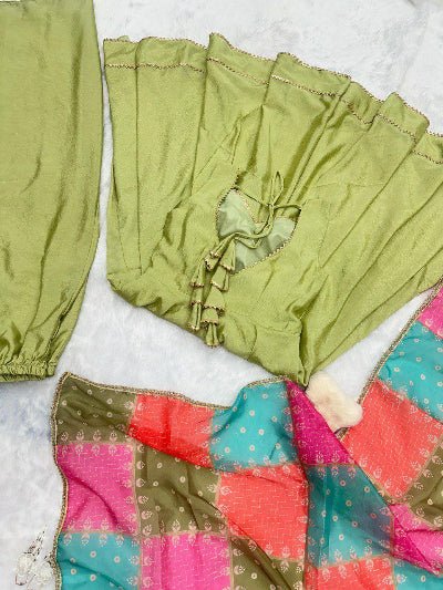 Pista Green Chinon Silk Anarkali Suit With Multicolour Dupatta UK Next Day - BONYHUBSALWAR KAMEEZ