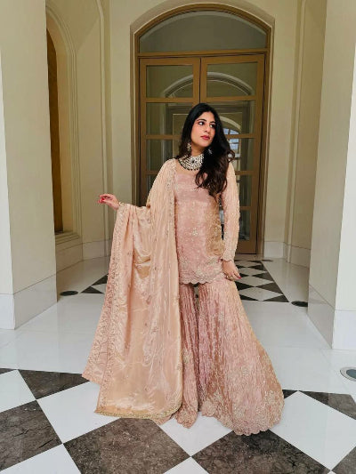 Pastel Peach Pink Gold Embroidery Sharara Suit Set