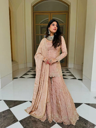 Pastel Peach Pink Gold Embroidery Sharara Suit Set